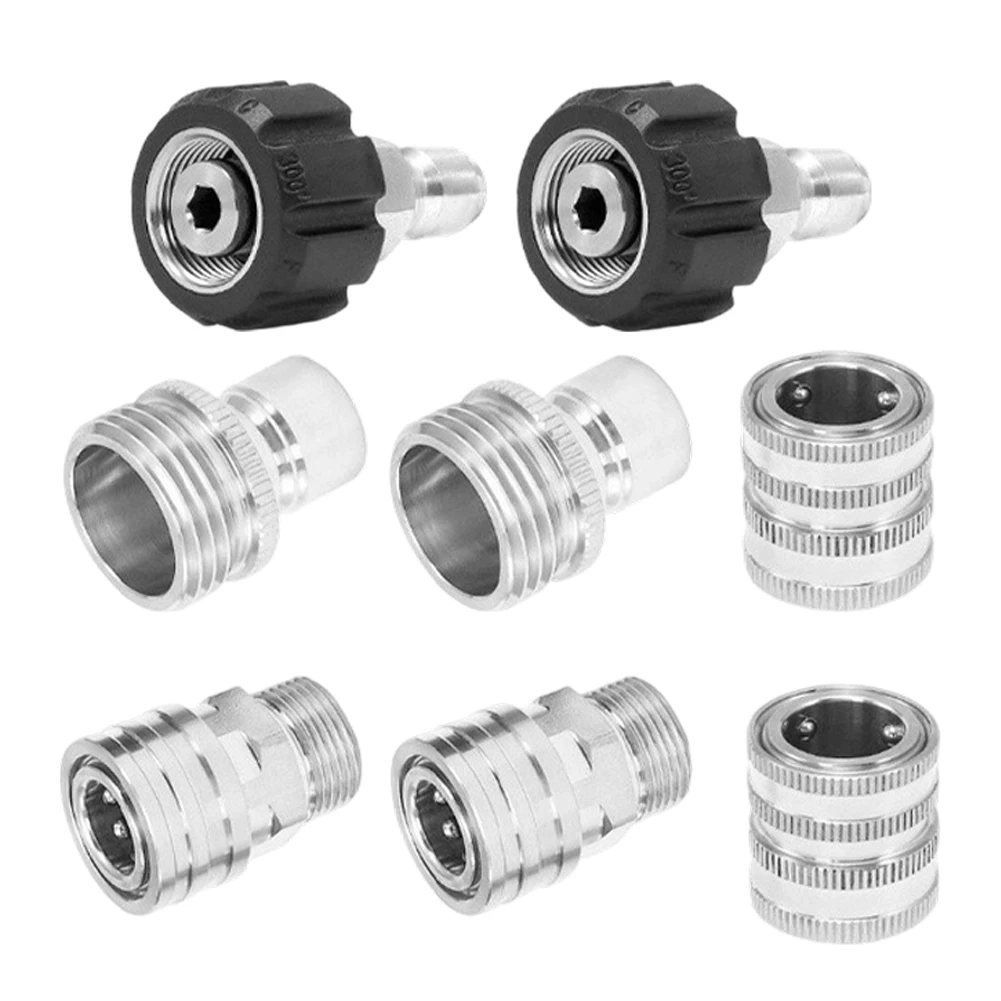 8Pcs M22 Stainless Steel Pressure Washer Quick Connect Kit Male Thread Adapter For High Power Cleaning Hose And Spray G'un Tools