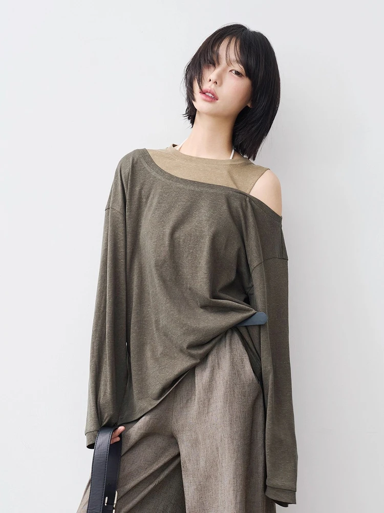

avi Museum oulder Bared Long Sve T irt Women's Loose Design Sense Top Casual Sle Pure Color Cotton Blend Fabric