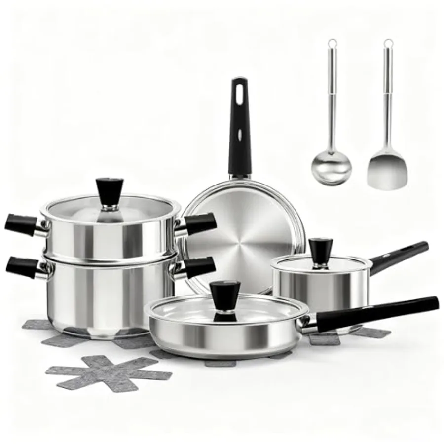 

14-Piece Stainless Steel Cookware Set for Kitchen with Stay-Cool Handles Non-Toxic Dishwasher Safe Compatible with Gas Electric