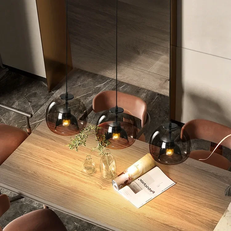 Chandelier Cognac smoke gray lampshade creative personality bar island long plate three head dining table chandelier