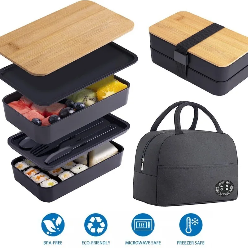 Japanische Lunchbox aus Weizenstroh, doppellagiger Lebensmittelbehälter mit Bambusdeckel und Besteck für Büro, Picknick, Reisen