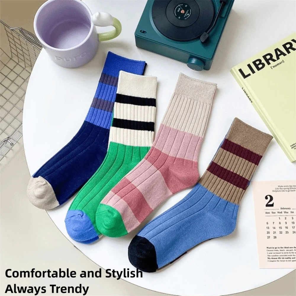 

A Pair Durable Warm Cotton Socks Stripes Asymmetrical Mid Tube Socks Soft Moisture Wicking Long Socks for Women