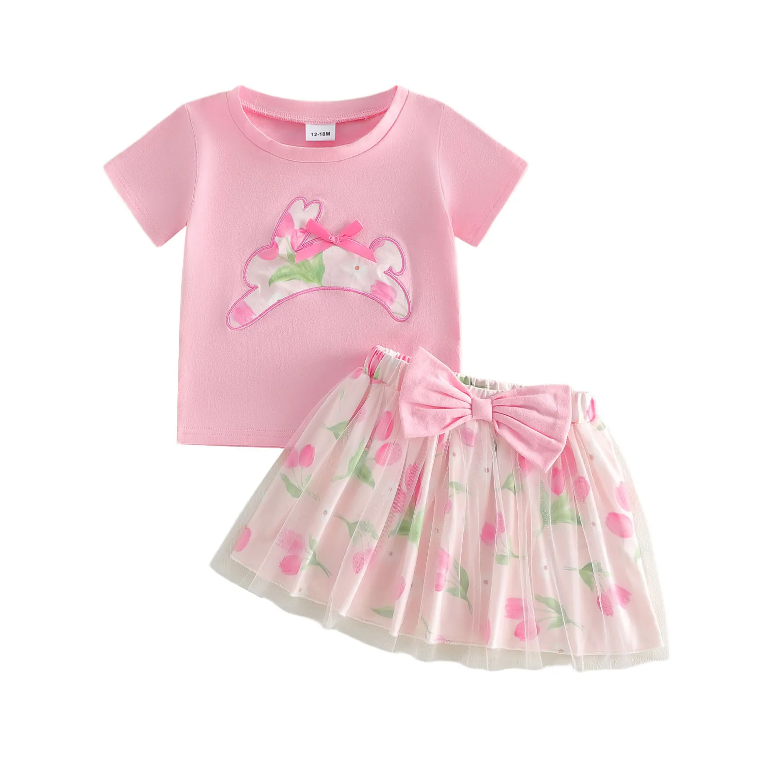 Toddler Baby Girls Easter Outfit Cute Bunny Embroidery Short Sleeve Tops with Floral Skirt 2Pcs Clothing Set 12M--5T