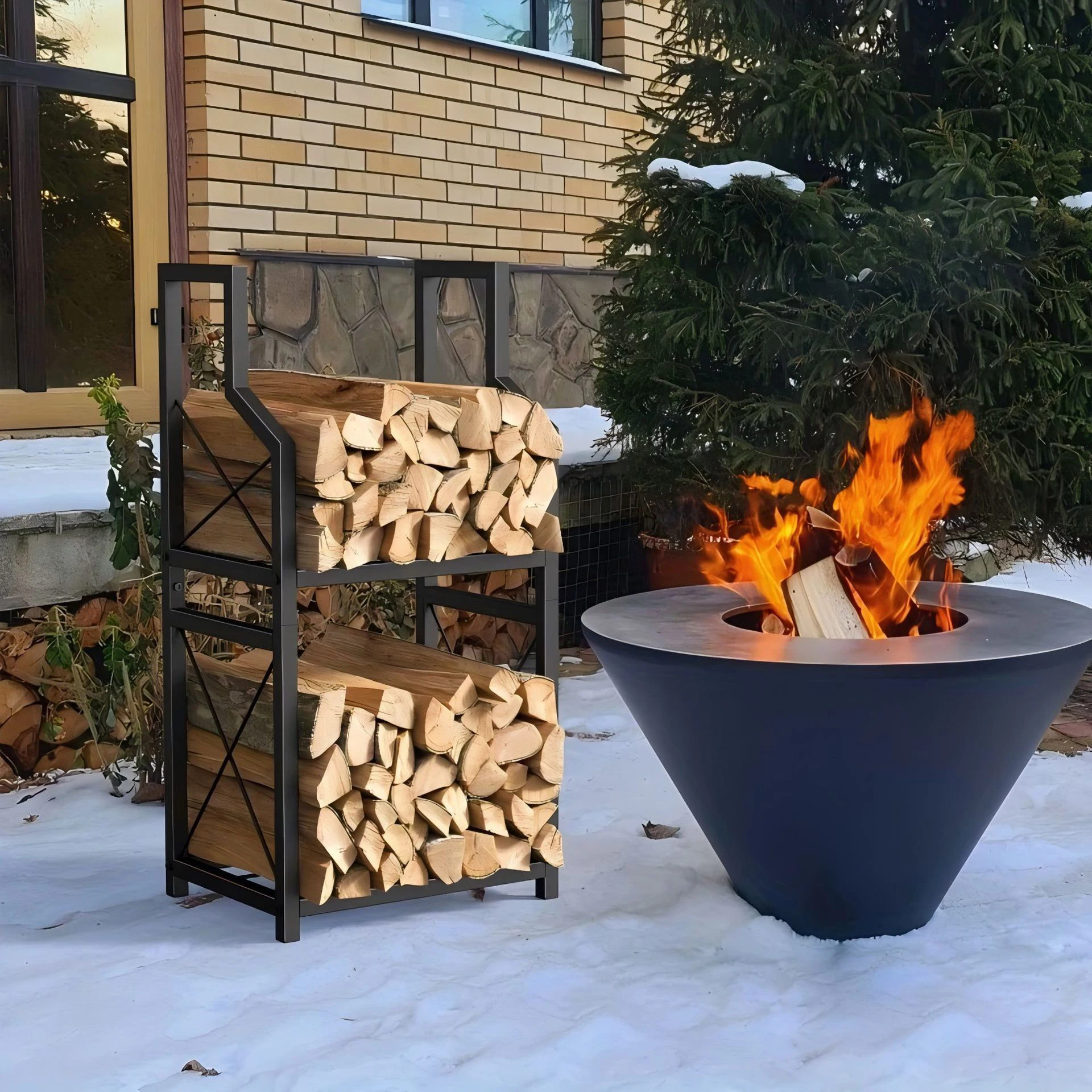 2026-Firewood Rack for Outdoor Indoor Fireplace Metal Wood Rack Pile Storage Stacker Organizer, 2-Tier Firewood Holder Heavy Dut