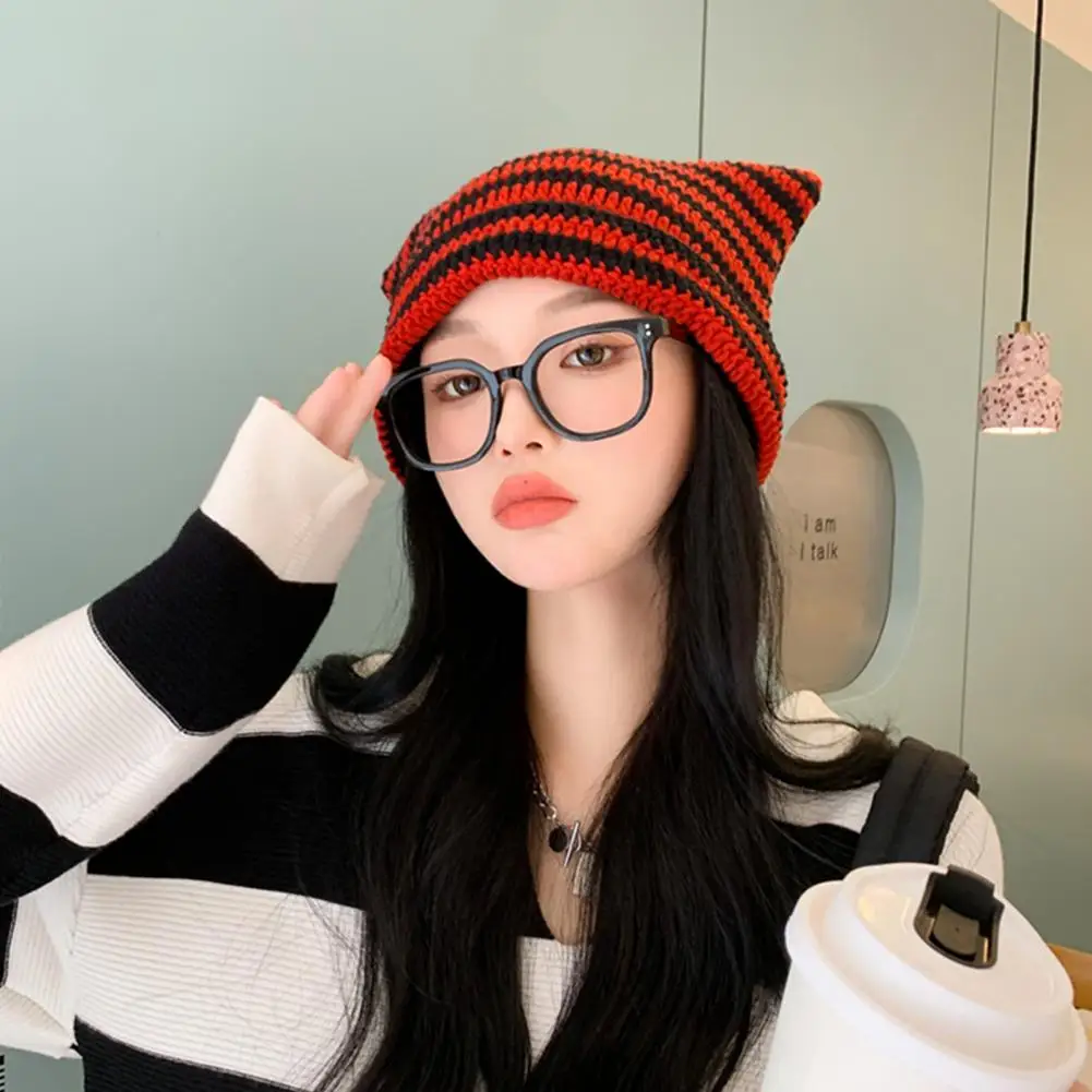 Autumn Winter Women Men Knitting Cap Cute Striped Cat Ear Hat No Brim Thickened Stretchy Headwear Wool Yarn Knitted Beanie Hat