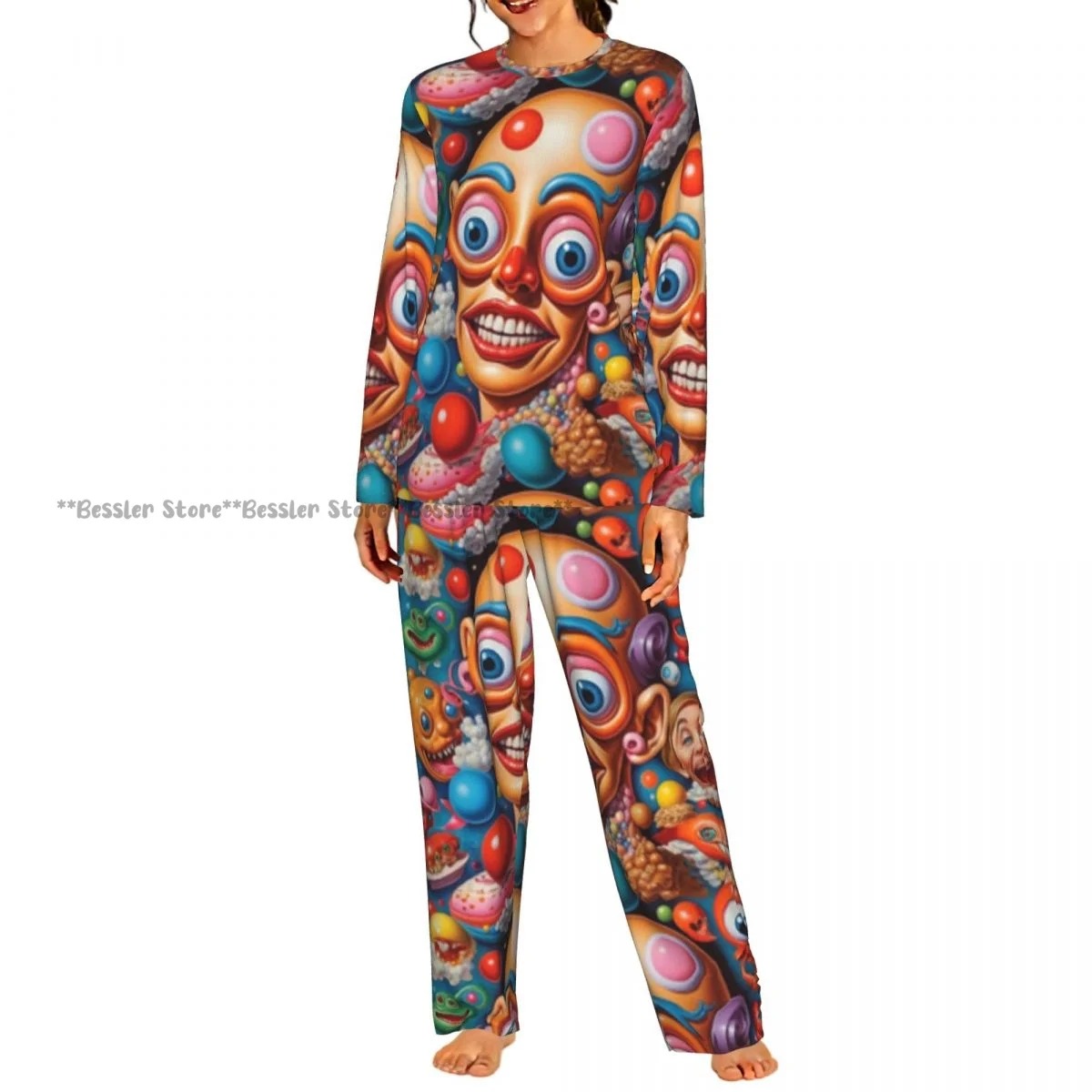 Women Casual Round Neck 2PCS Sleepwear Set Long Sleeve Shirt & Long Pants Psychedelic Comic Objects Daily Home Loungewear