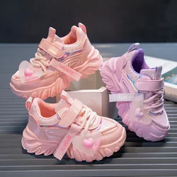 Girls Sports Shoes Kids Running Sneakers for School Fashion Cute Shiny Non-slip Children's Casual Shoes with Heart Spring Autumn