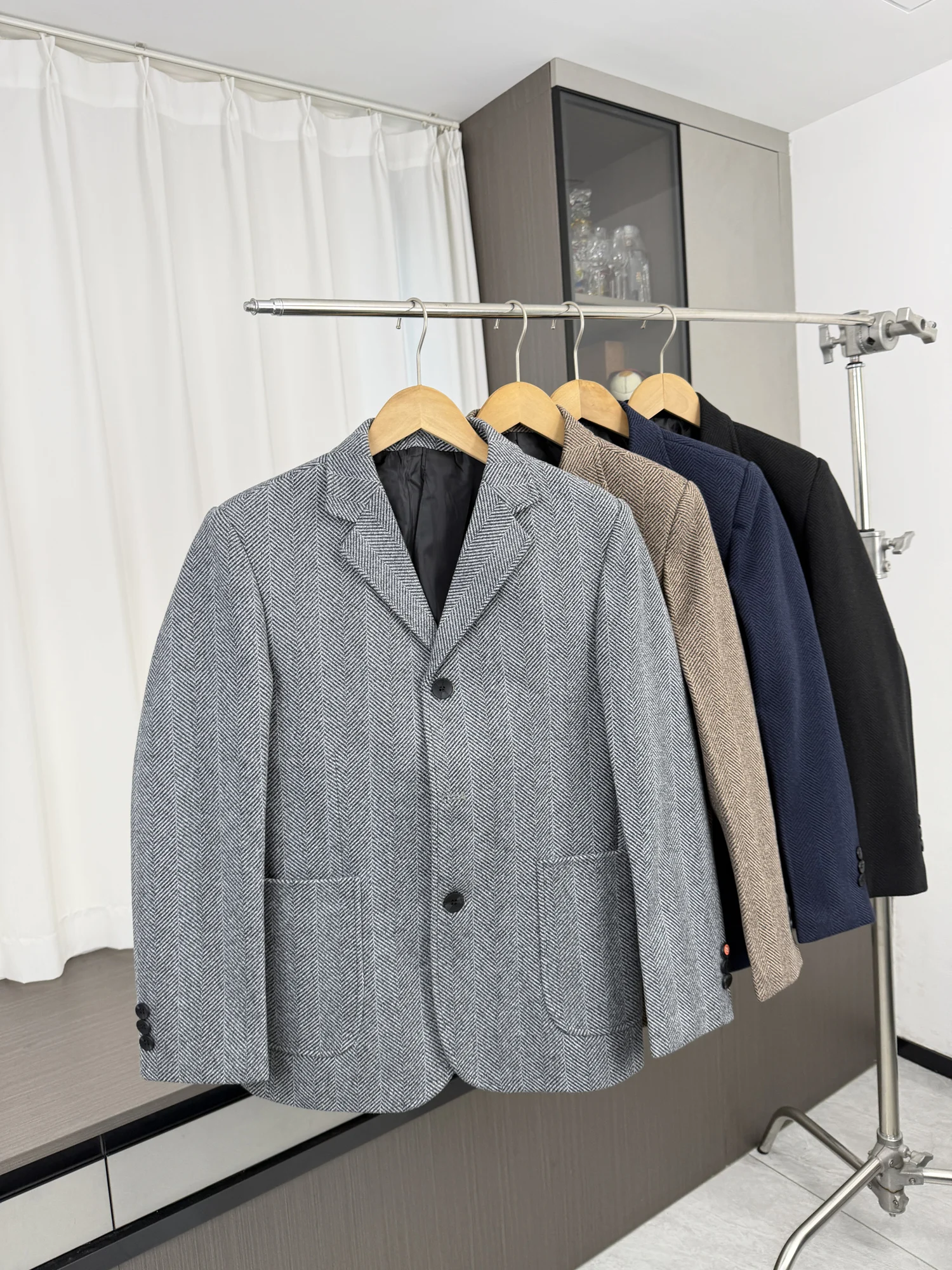 Business Casual Men's Checkered Texture Jacket Autumn Lightweight Mature Style Long Sleeve Flat Collar Loose Fit Outerwear