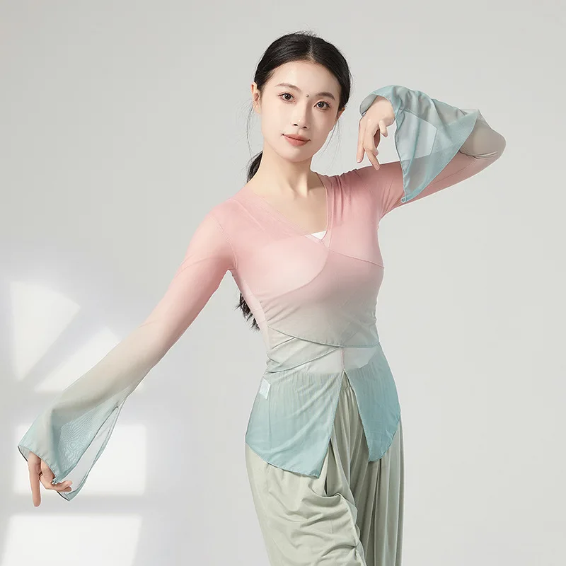 

Horn Long Sleeve Dance Shirt Sexy Transparent Women Classical Chinese Folk Dancer Top Thin Gauze Mesh Dancewear Body Rhyme Hanfu