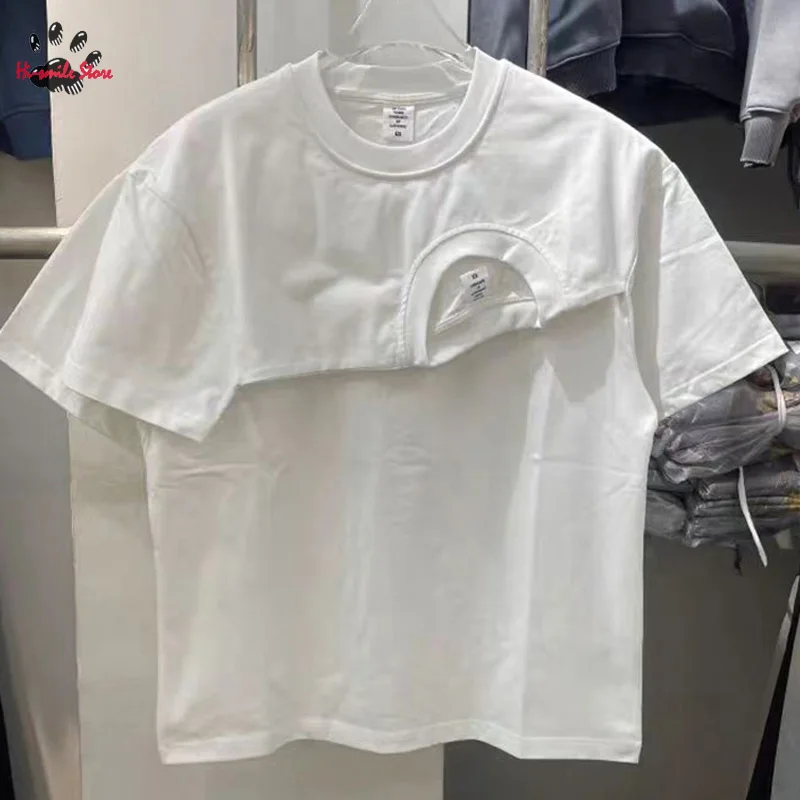 

High Street Solid Irregular Two-piece Stacked T-shirts Men Woman Best Quality Casual Couple Tee Heavy Fabric Top White