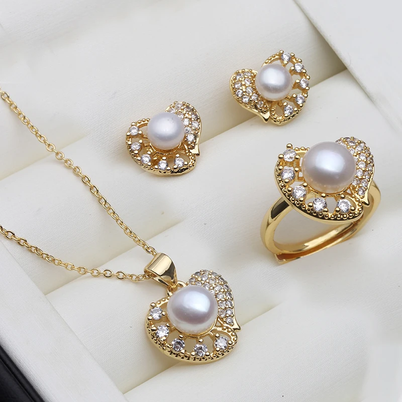 

Fashion Heart Natural Freshwater Pearl Necklace Sets,Gold Plated Real Pearl Necklace Ring Earrings Jewelry Sets For Women