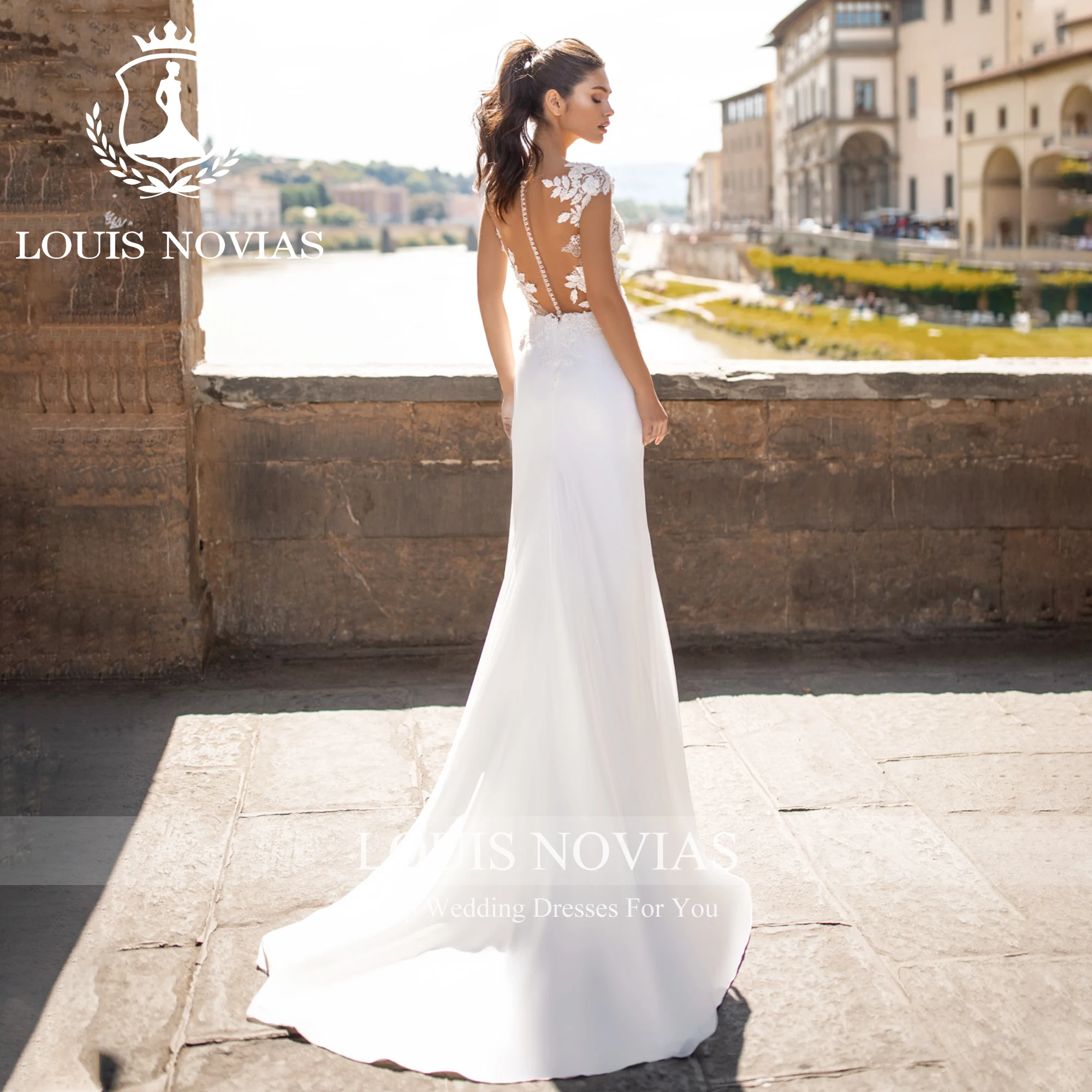 LOUIS NOVIAS Mermaid Wedding Dress 2023 Invisible Neckline Short Sleeve Embroidery Trumpet Satin Wedding Gown Vestidos De Novia