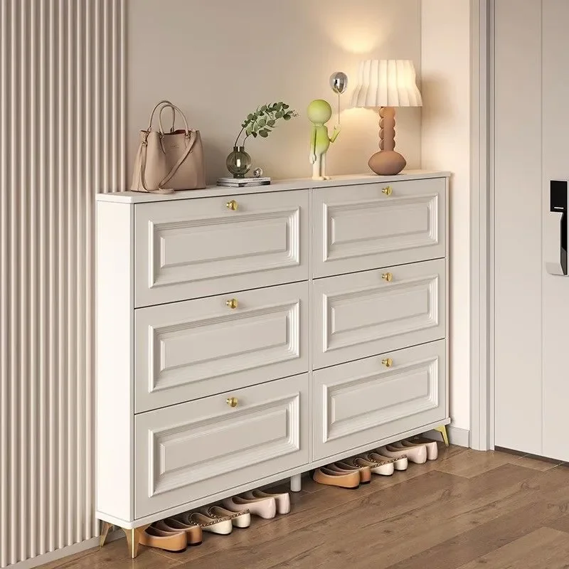Cream Ultra Thin Tipping Bucket Shoe Cabinet Compact Entryway Storage Rack Space Saving Home Entrance Organizer Furniture