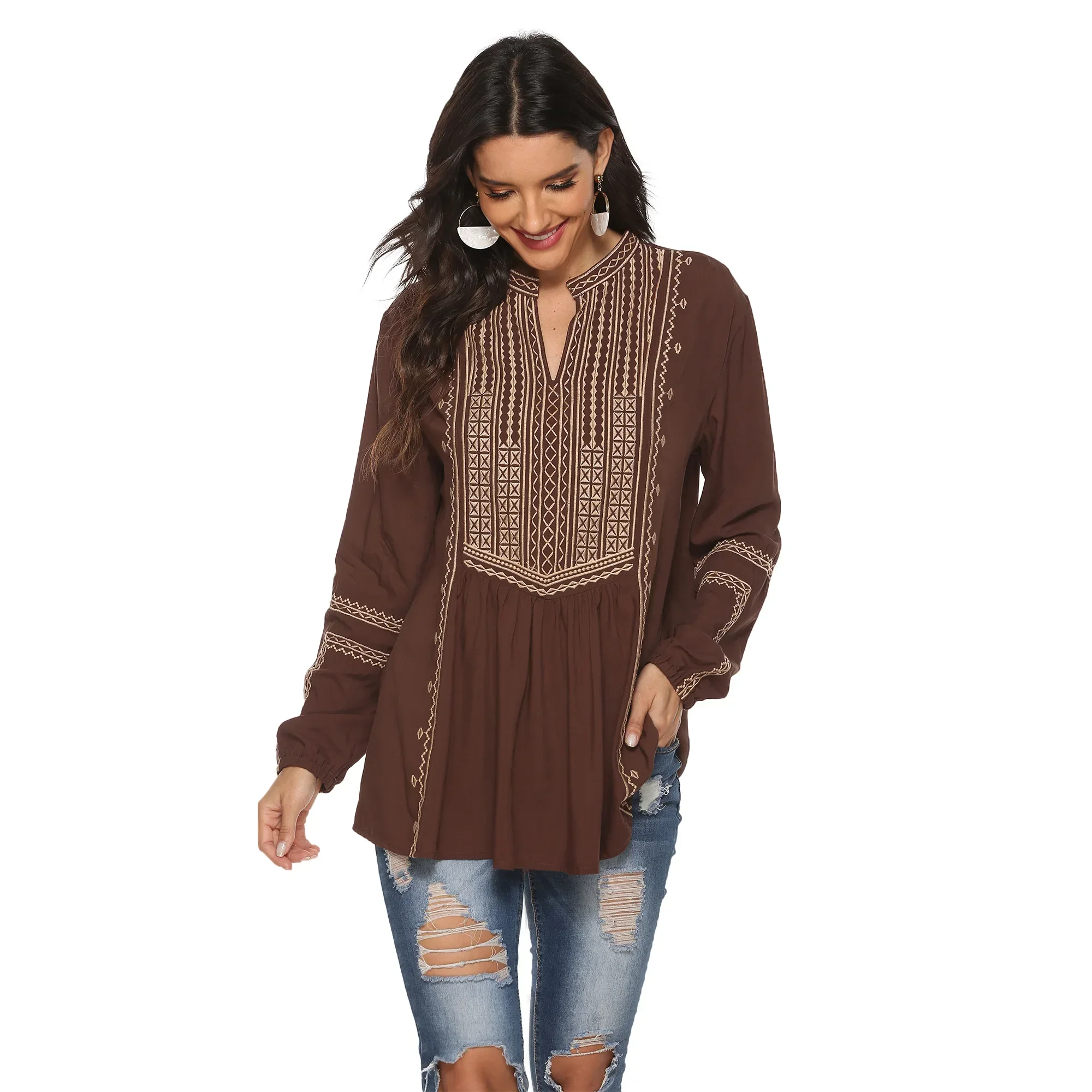 Eaeovni-Brownv Tops bordados boho para mulheres, camisas de manga comprida, túnicas soltas casuais, blusa