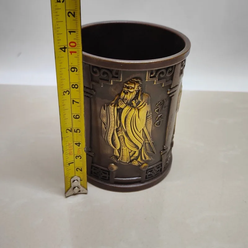 Antique Pen Holder with Confucius and Mencius Figures, Home Decor Classical Bronze Craft