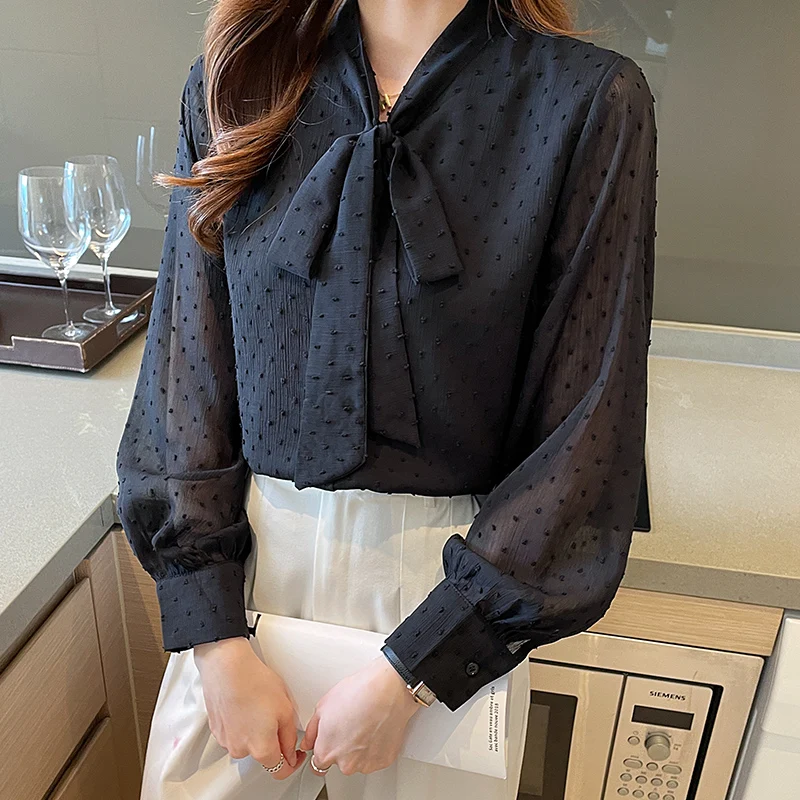 

New Office Lady Long Sleeve Bow Collar Women Shirt White Black Chiffon Shirt Blouse Women Tops Blusas Para Mujer Camisas H337