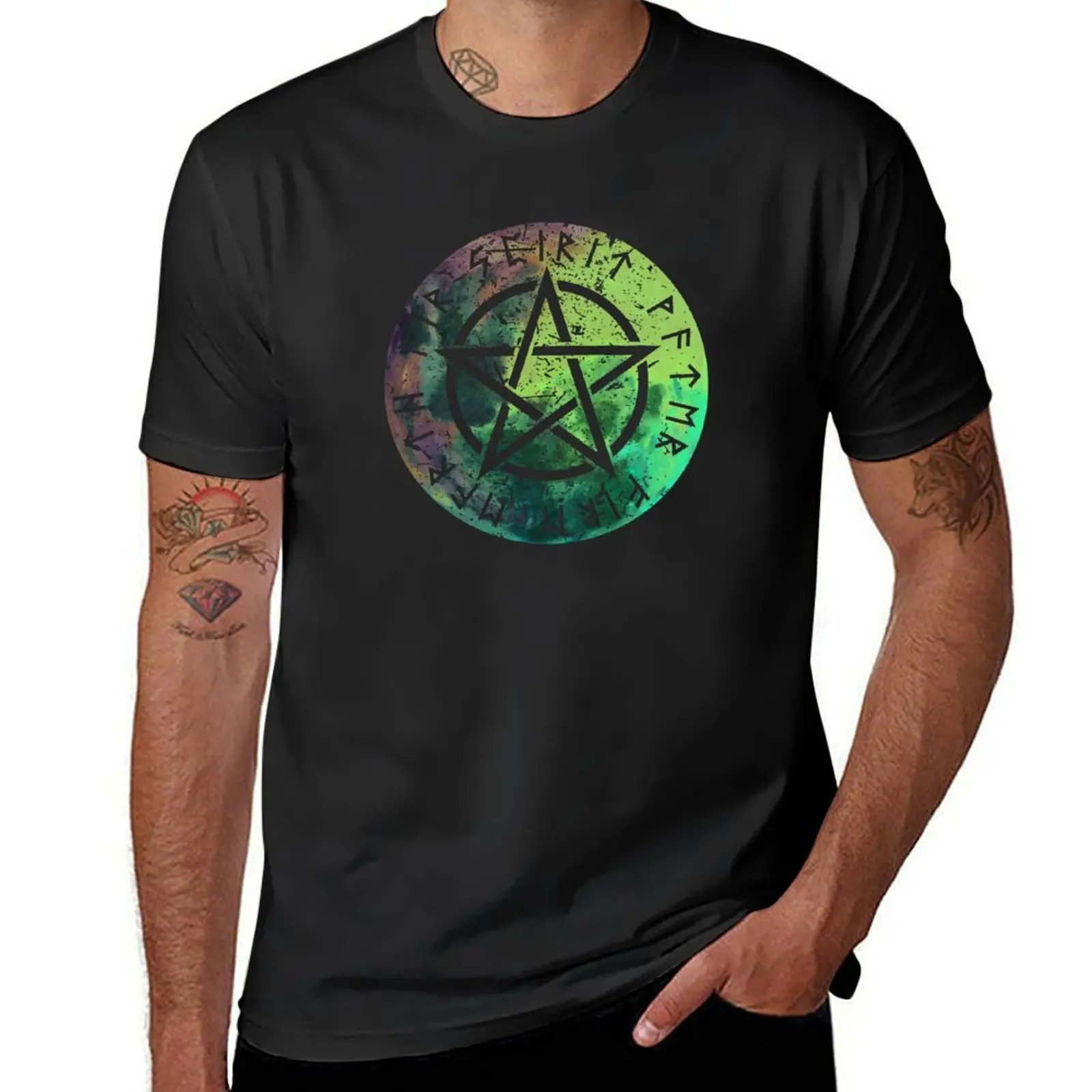 Nordic Runes - Pentacle - Elements - Earth, Fire, Water, Spirit, Air T-Shirt quick-drying blacks Men's cotton t-shirt