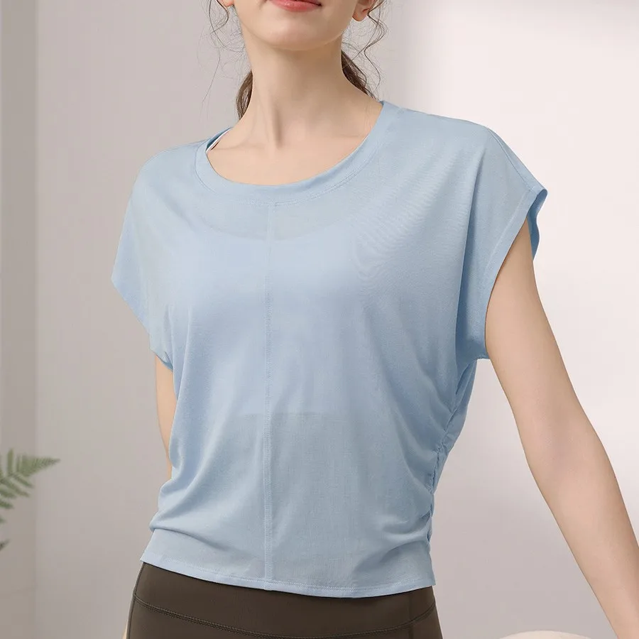 Women Summer Tencel Yoga T Shirt Loose Slim Batwing Sleeve Workout Top For Pilates Running Dance Fitness