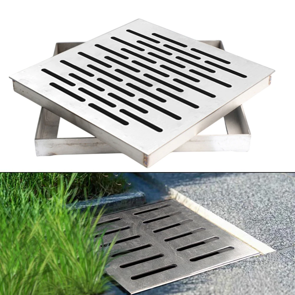 1pc Stainless Steel Drain Cover Rainwater Grate Drainage Ditch Cover Square Non-slip Garden Floor Drain Spot Wit Frame 150-300mm