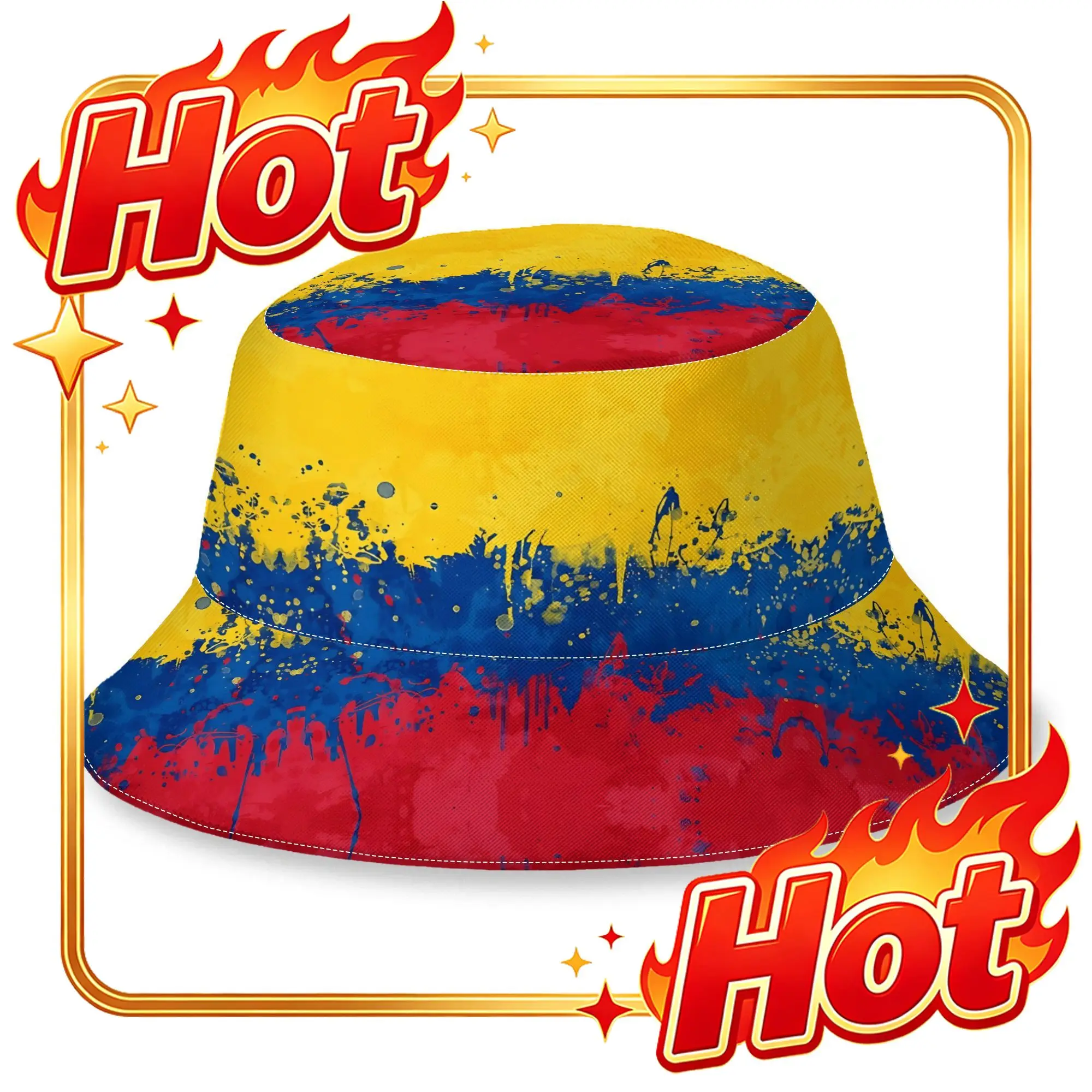 Custom Colombia Flag Messy Splatter Grunge Creative Printed Bucket Hat Suitable for Beach Vacation, Daily Casual Wear, Outdoor
