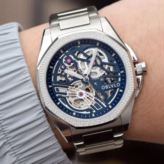 OBLVLO Мужские автоматические часы 42 мм Механические наручные часы Светящиеся 50 м Водонепроницаемый сапфир Стальной ремешок Скелет Циферблат