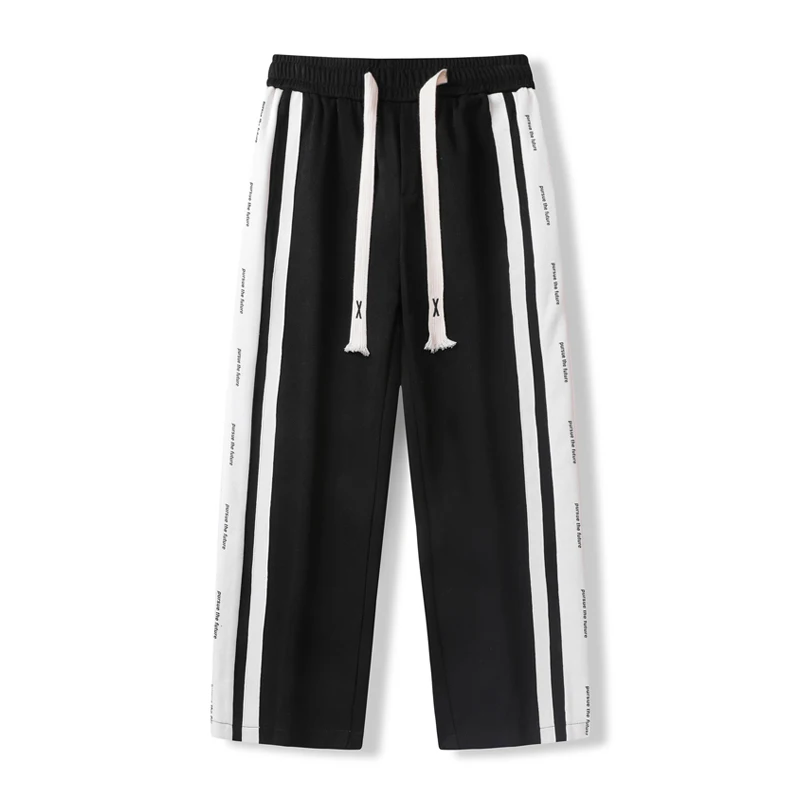 Men's Striped Solid Printed Bandage Elastic High Waisted Pockets Drawstring Loose Sports Casual Wide Leg Trousers Vintage Pants