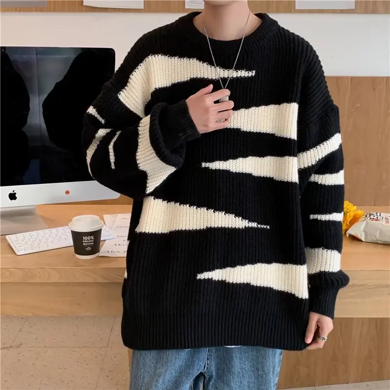 

Гонконгский полосатый трикотаж, повседневный мужской свитер, осень-зима, свободный шерстяной свитер большого размера, модный бренд
