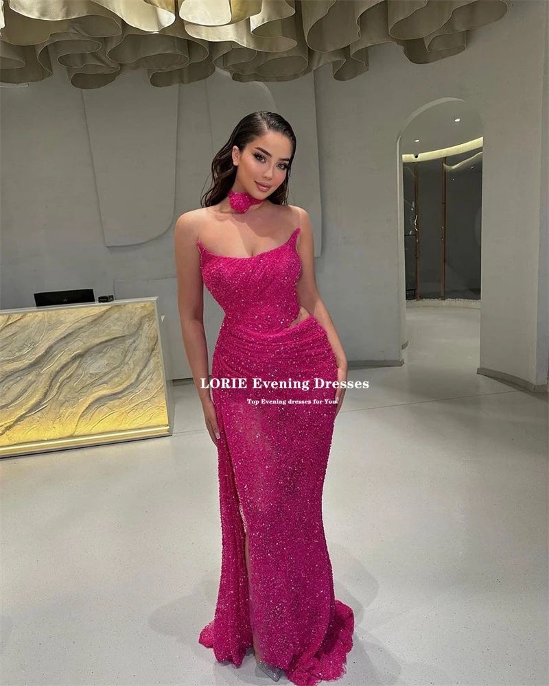 LORIE Fuchsia Sequin Evening Dresses Strapless Sleeveless High Slit Dubai Arabic Women Formal Prom Party Gowns Robe De Soiree