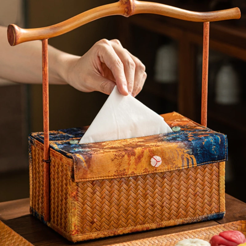 

Bamboo weaving creative tissue box, living room model room ornaments, new Chinese paper box, portable napkin box, retro