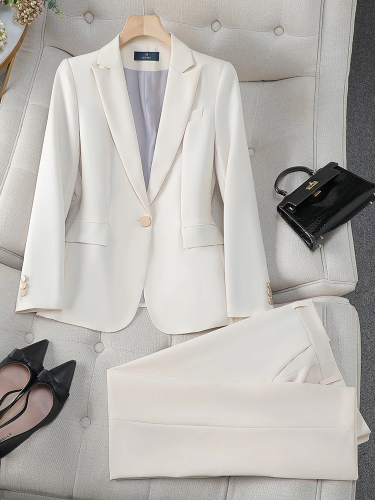 Fashion Office Ladies Formal Pant Suit 2 Piece Set Women Beige Khaki Coffee Blue Female Work Wear Blazer Jacket And Trouser