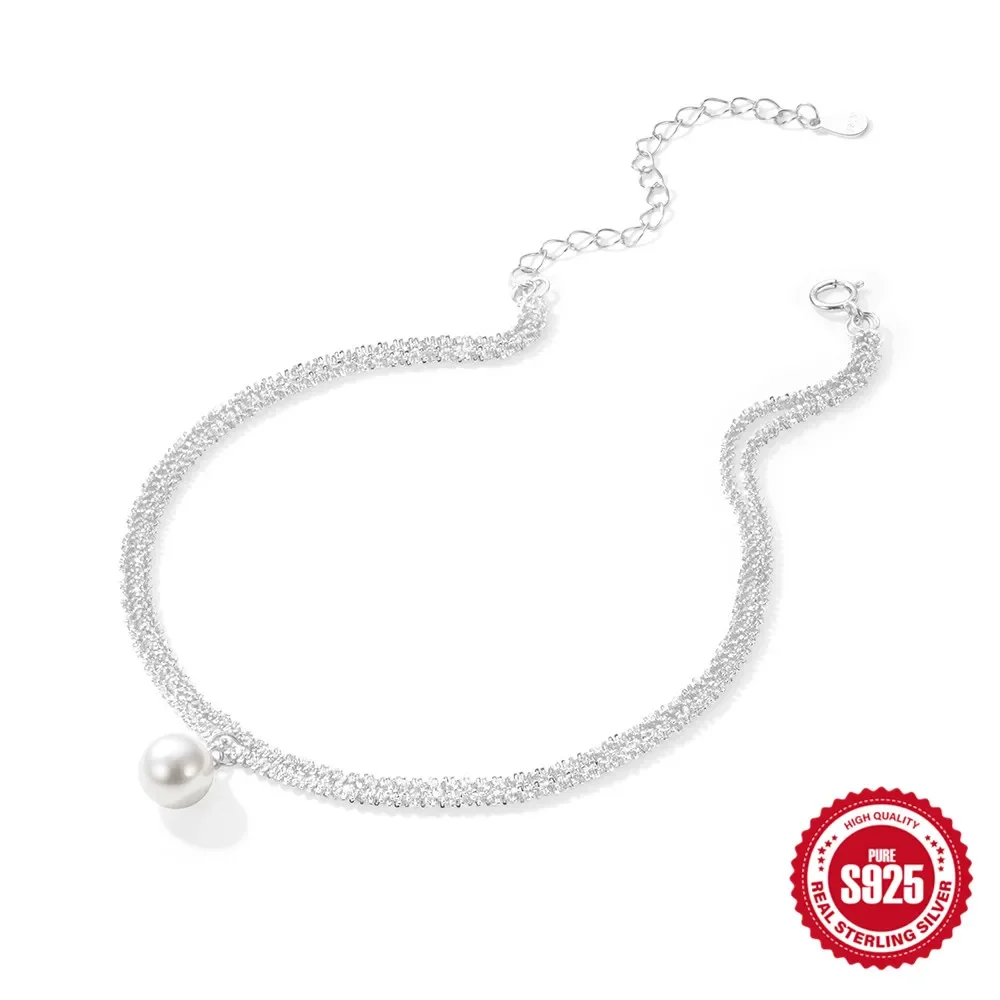 VAL 925 Sterling Silver anklets for girls pearl Double layer adjustable cauliflower chain versatile pendant anklets Jewelry