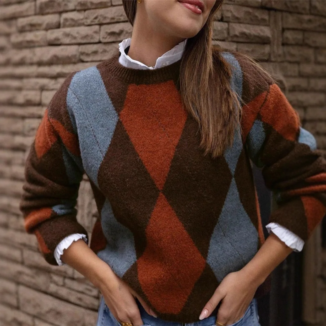 Argyle Pattern Knitted Pullover Round Neck Long Sleeve Loose Fit Sweater Warm Cozy Casual Top Trendy Color Block Female Sweater