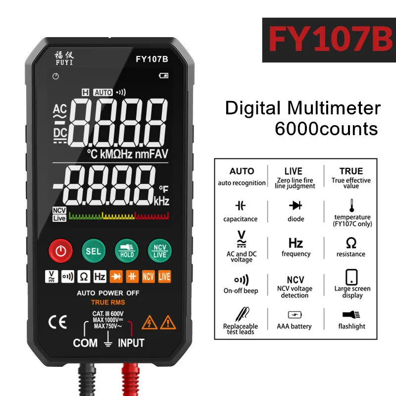 FY107C 3.3-inch LCD Digital Multimeter  6000 Counts True RMS Meter Measure AC/DC Voltage Resistance Multimeter for Electrical