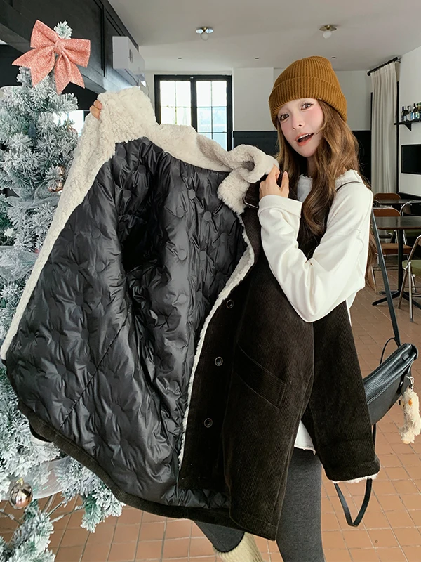 여성용 코듀로이 다운 재킷 중간 길이 플러피 벨벳 패딩 코트 겨울 패션 한국 스타일 슬림 아우터웨어