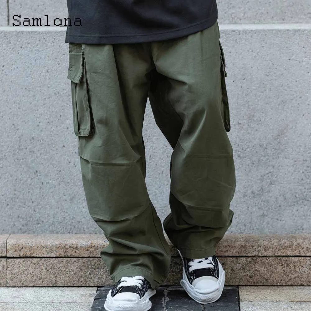 2023 Men's Stand Pocket Casual Wide Leg Pants Solid Green Khaki Cargo Trouser Plus Size Mens Fashion Sweatpants Men Streetwear