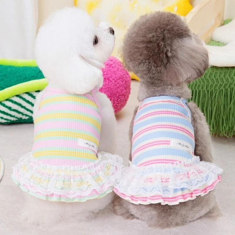 Summer Pet Dog Clothes Fashion Striped Dog Dress Cute Lace Puppy Princess Skirt Cat Wedding Skirt Pet Dog Clothes for Small Dog