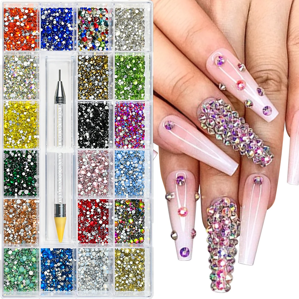 21Grids Non Hotfix Glass Nail Art Rhinestone with Pick Up Pen SS3-SS20 Mix Flatback Crystal Stones Diamond 3D Round Beads Charms