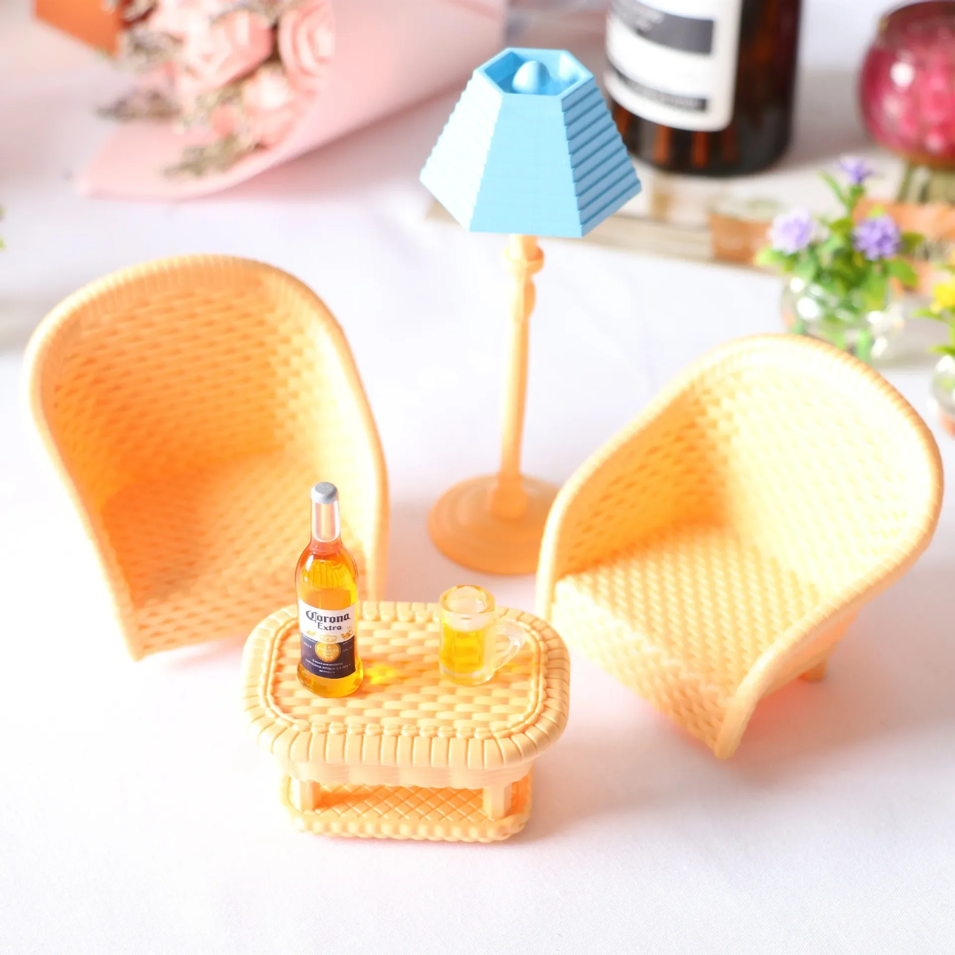 USER-XDollhouse Doll House DIY Mini Furniture Model Living Room Scene Accessories Simple Casual Rattan Chair Set