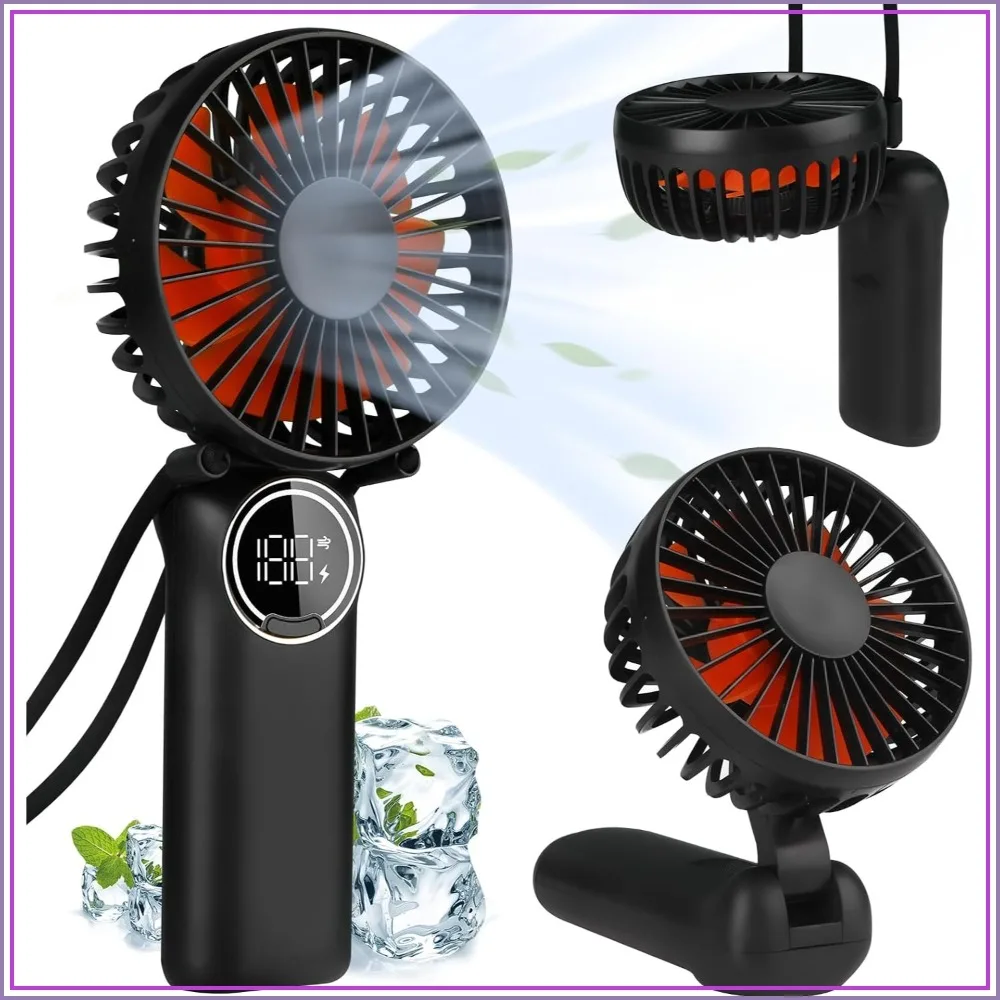 

Portable Handheld Fan, Mini Desk Fan Rechargeable with LED Display, 180° Foldable Personal Fan with Lanyard, Strong Wind 6 Speed for Travel Outdoor (Black)