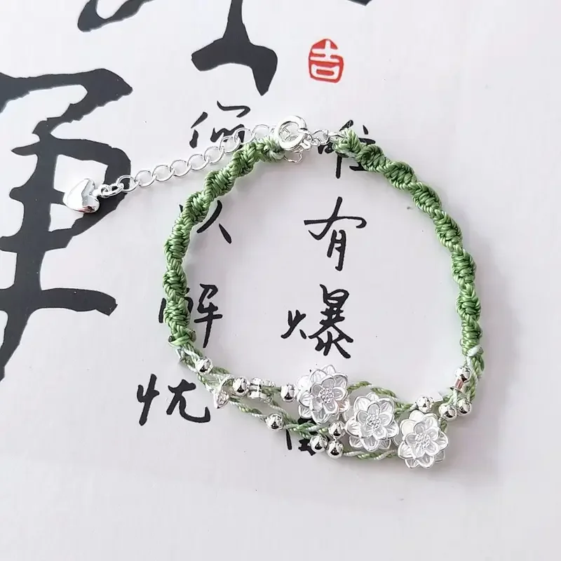 

New Chinese 999 Silver Good Lucky Beads Butterfly Lotus Extended Chain Bracelet Woven Hand Rope All-match Sweet Elegant Jewelry