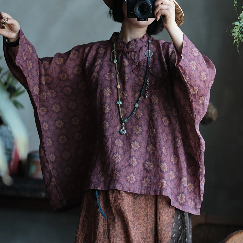 

Oversized Women Casual Ramie Shirt New Arrival 2026 Chinese Style Floral Print Loose Female Batwing Sleeve Tops Shirts M2770