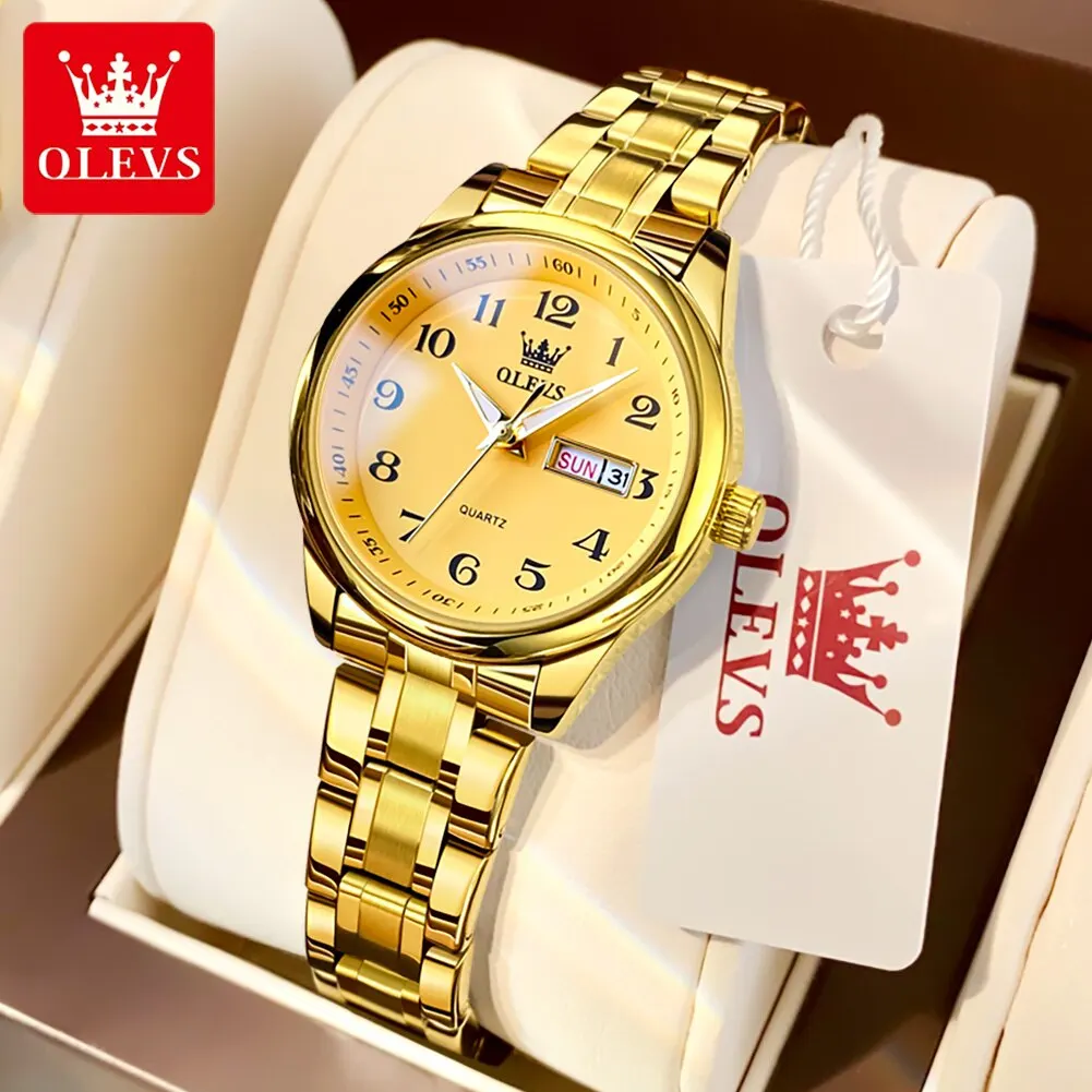 Olevs Luxe Quartz Horloge Voor Vrouwen Elegant Roestvrij Staal Horloge Lichtgevende Waterdichte Week Date Polshorloge Dames Jurk Horloge