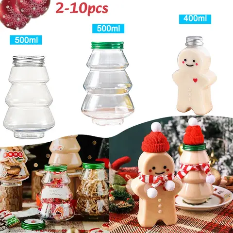 2-10PC 크리스마스 진저브레드 맨 캔디 항아리 밀봉 플라스틱 주스 음료 병 크리스마스 파티 새해 진저브레드 맨 음료 용기