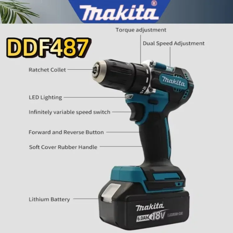Makita DDF487 10mm para batería de 18V taladro de impacto eléctrico recargable de litio sin escobillas destornillador de torsión grande
