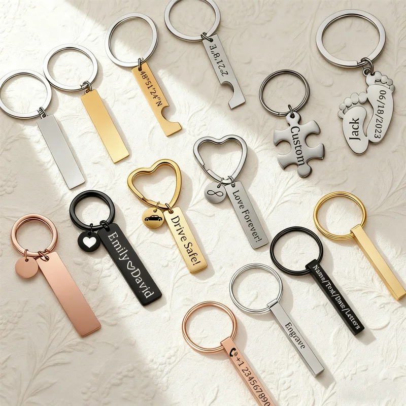 Personalized Custom Bar Keychains Engraved Name Text Stainless Steel Keychains For Men Women Family Jewelry Christmas Gifts