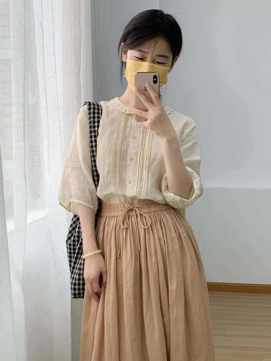 

Летняя повседневная тонкая плиссированная блузка с кружевными вставками для женщин: модная, свободная, стройнящая, для офиса, трендовая, однотонная, с рукавом 3/4