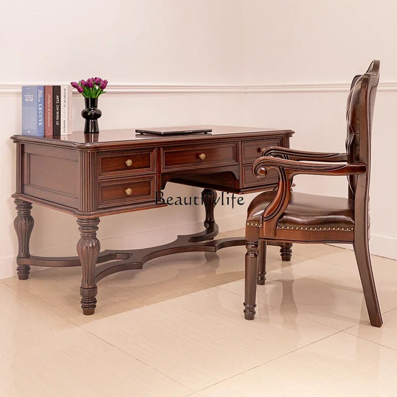 

yj19 American-style Solid Wood Desk High-end Black Walnut Wood Study Room Atmosphere Office Computer Desk