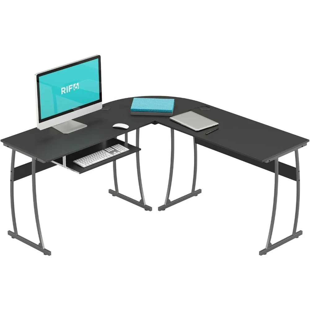 L Shaped Modern Computer Home Office Gaming Desk with Keyboard Tray and Cable Management, Easy Assembly, Black