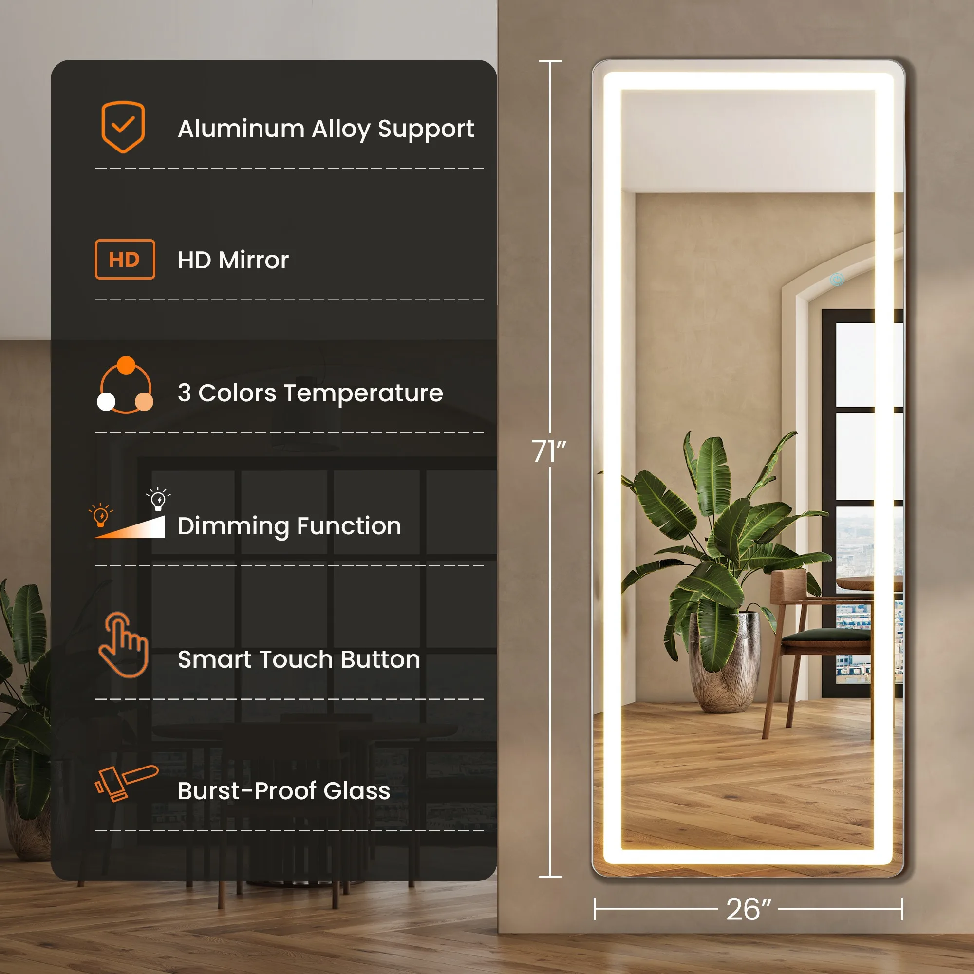 Factory Direct 2026 MCQ Arched/Rectangular LED Full Length Mirror, Full Body Floor Mirror Standing Hanging or Leaning Wall