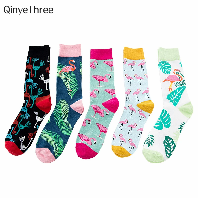 Cool Flamingos Jacquard Funny Bird Street Happy Socks Men Hip Hop Crew Harajuku Divertidos Skateboard Chaussette Dropship